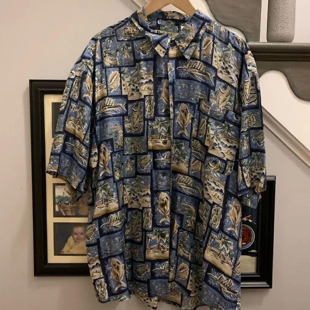Vintage Summa Sea Ocean Theme Mens Silk Button Down Hawaiian Shirt sz XL EUC